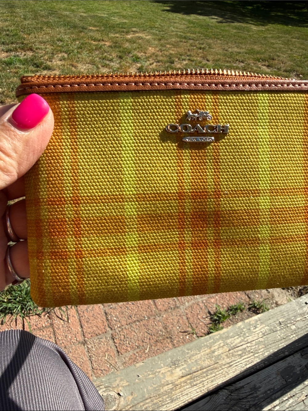 Coach Yellow Plaid Zip Pouch Wristlet Nwt - Picture 5 of 7